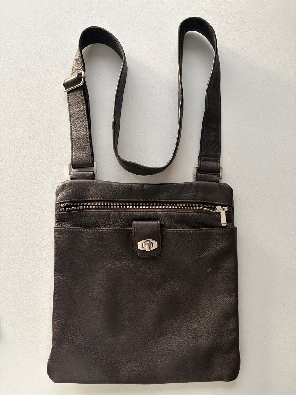 Danier Dark Chocolate Brown Pebbled Leather Flat Crossbody Messenger Bag
